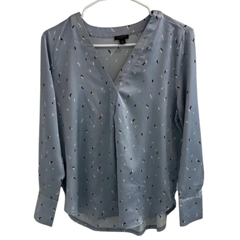 Ann Taylor Petite Blue Leaf Print V-Neck Long Sleeve Satin Blouse Top Small P